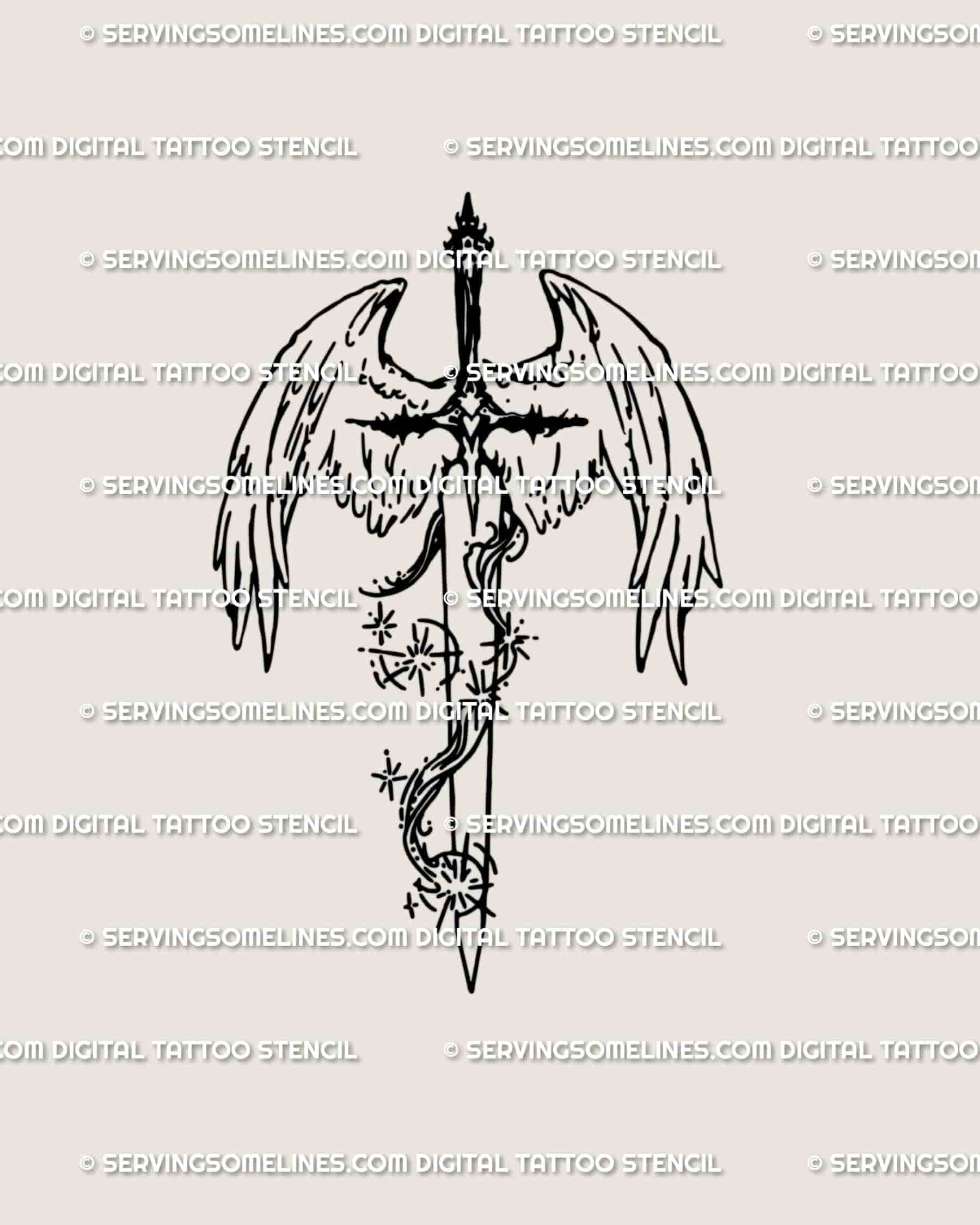 Angel Sword Tattoo Stencil | Celestial Guardian Wings Digital Download –  ServingSomeLines, image size:1800x2250