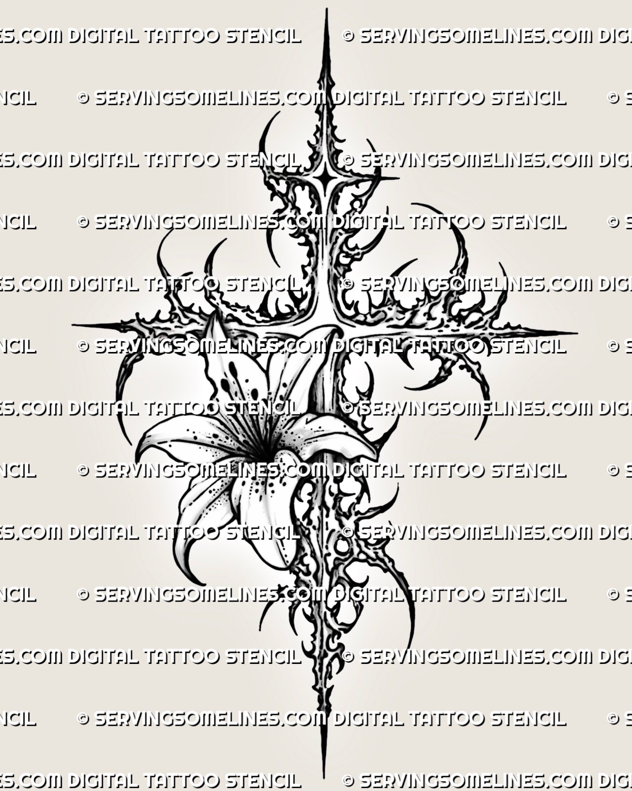 lily flower tattoo stencils Cybersigilism Lily Cross Tattoo Stencil, Cyber Floral Cross – ServingSomeLines