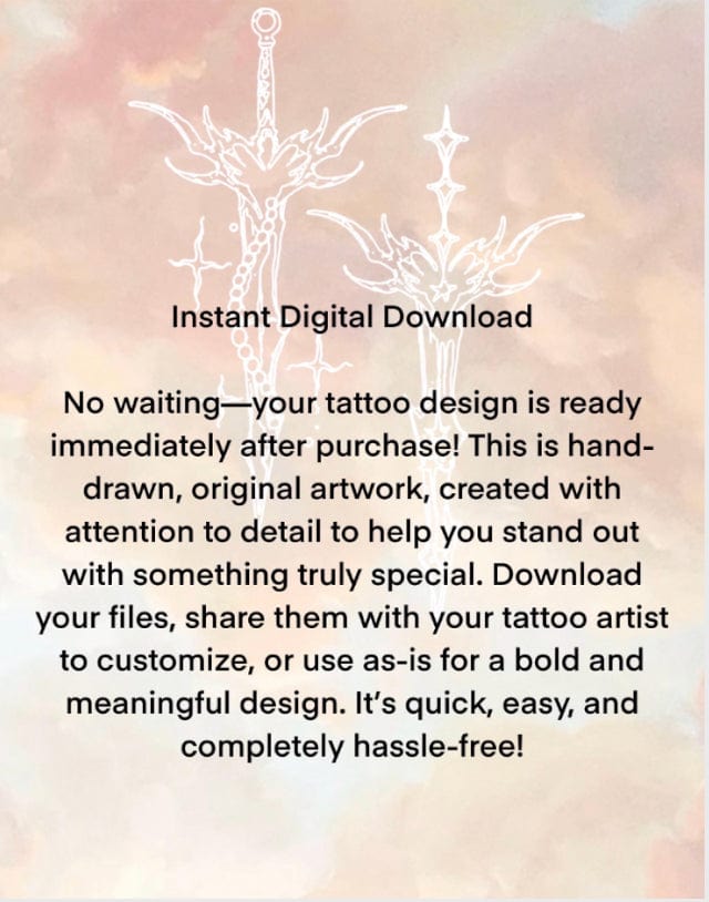 Instant digital download files for tattoo stencil designs by SERVINGSOMELINES, includes PNG, JPEG, and PDF for tattoo artists or personal use.