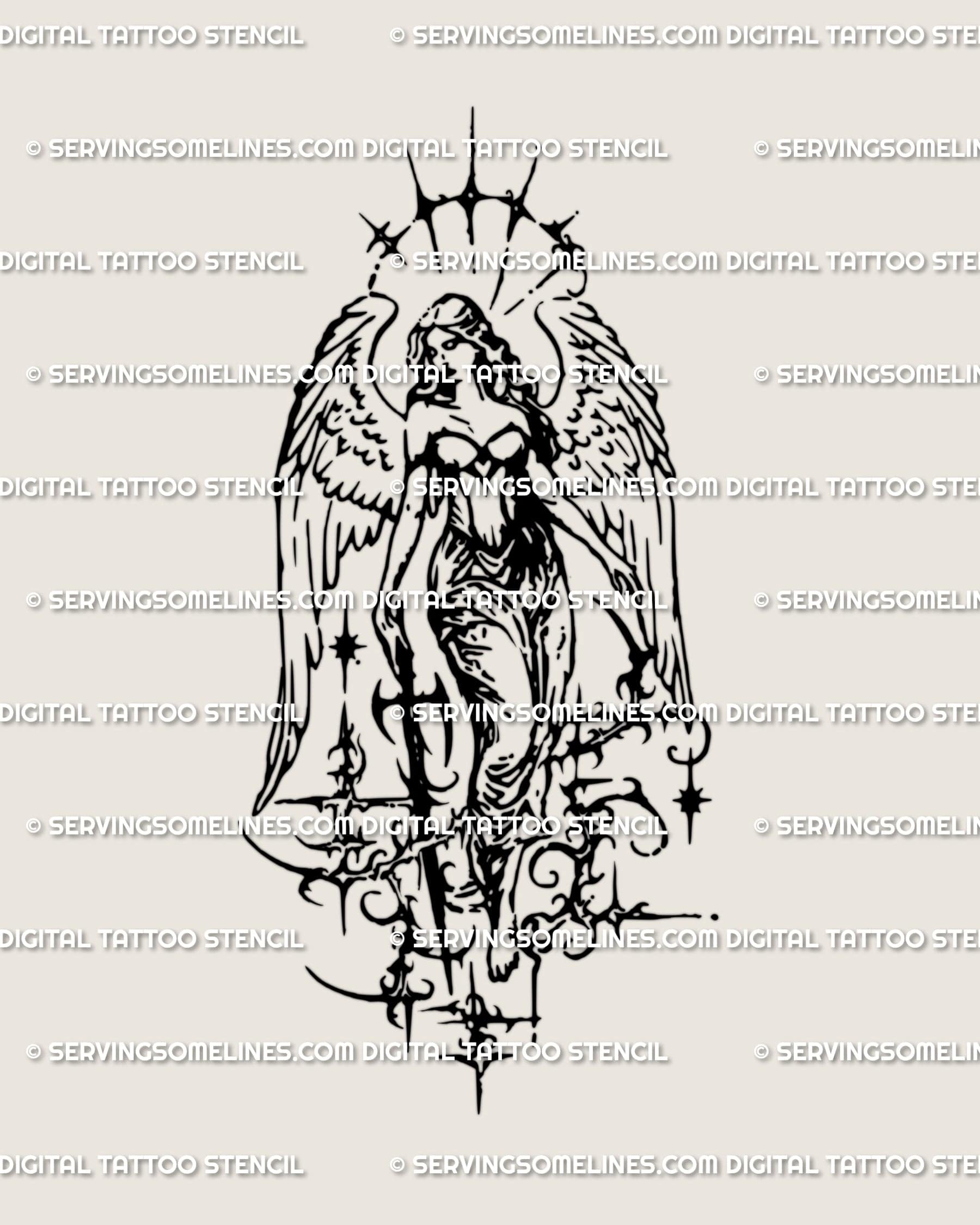 Warrior Angel Tattoo Stencil – Gothic Archangel with Sword Download –  ServingSomeLines, image size:1800x2250