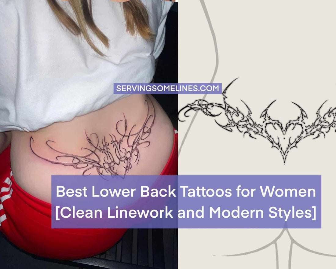 collage showing a delicate lower back tramp stamp with a heart tattooed on a girls skin and a cybersigilism tramp stamp sketch displayed beside it