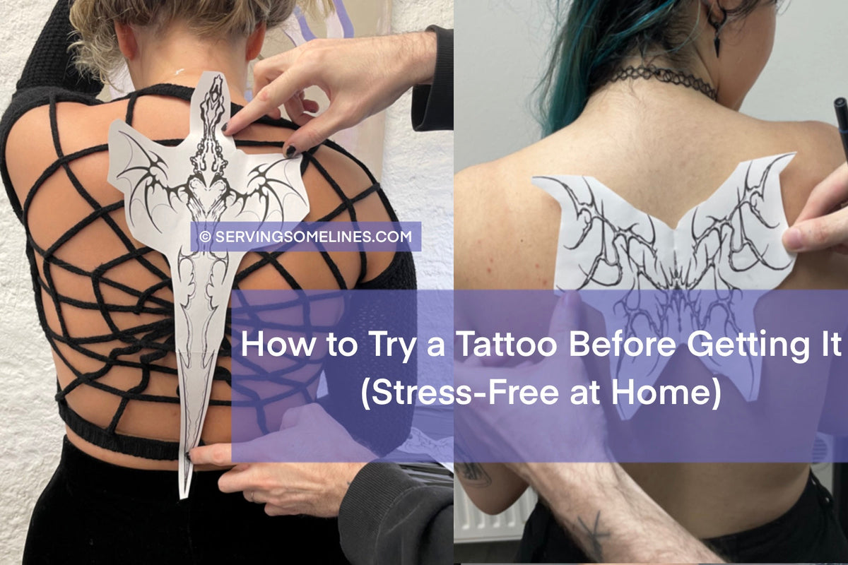 How to try a tattoo at home stress free, printed neotribal sword tattoo stencil on paper held against back for preview.