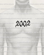 2002 tattoo stencil on men’s chest center placement example, bold year outline tattoo that stays readable