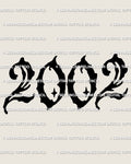 2002 tattoo stencil design, clean year outline numbers for a small to medium year tattoo, digital download stencil files