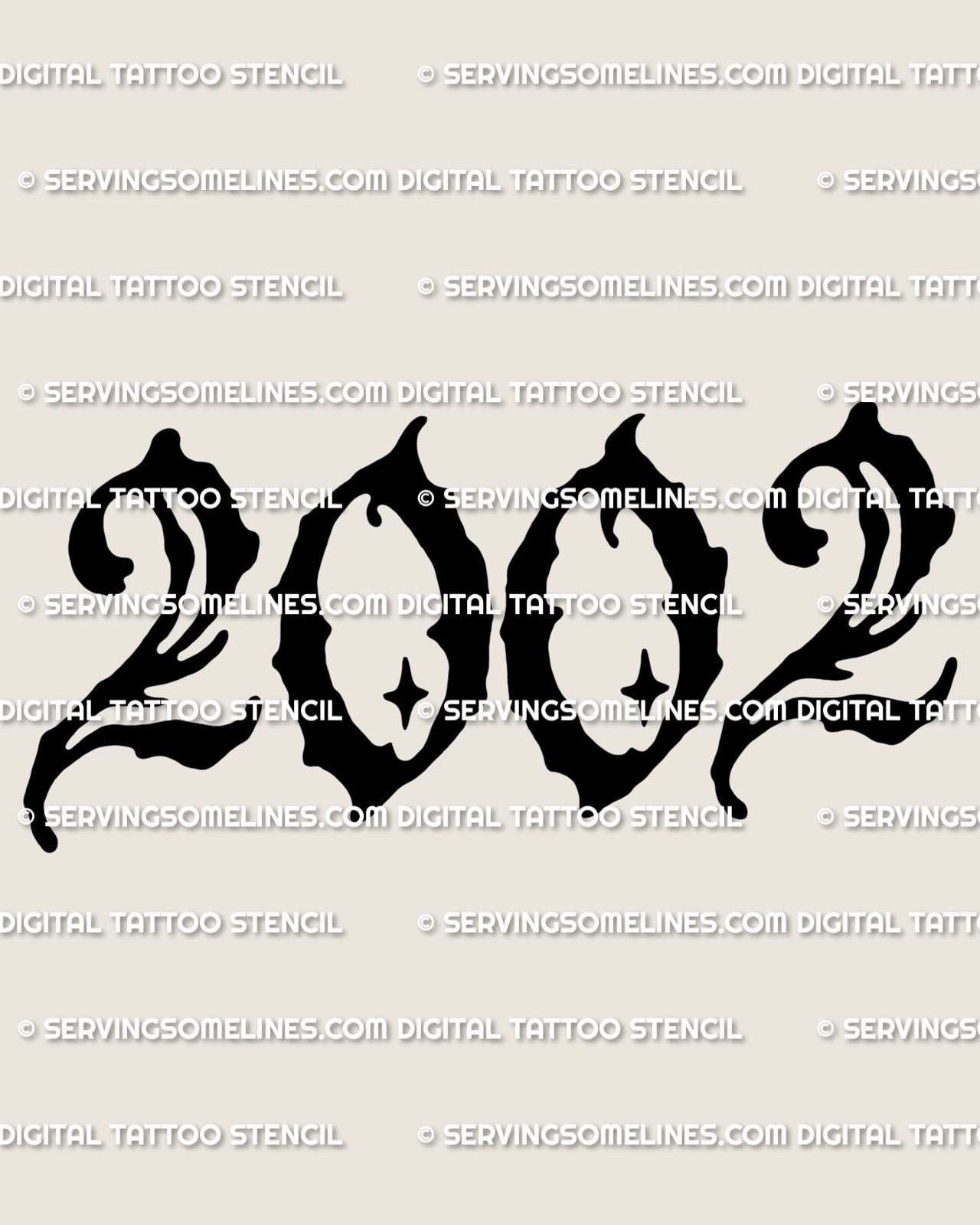2002 tattoo stencil design, clean year outline numbers for a small to medium year tattoo, digital download stencil files
