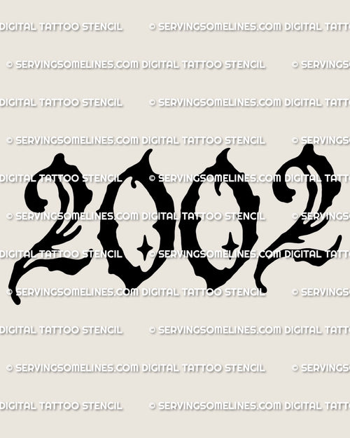 2002 tattoo stencil design, clean year outline numbers for a small to medium year tattoo, digital download stencil files