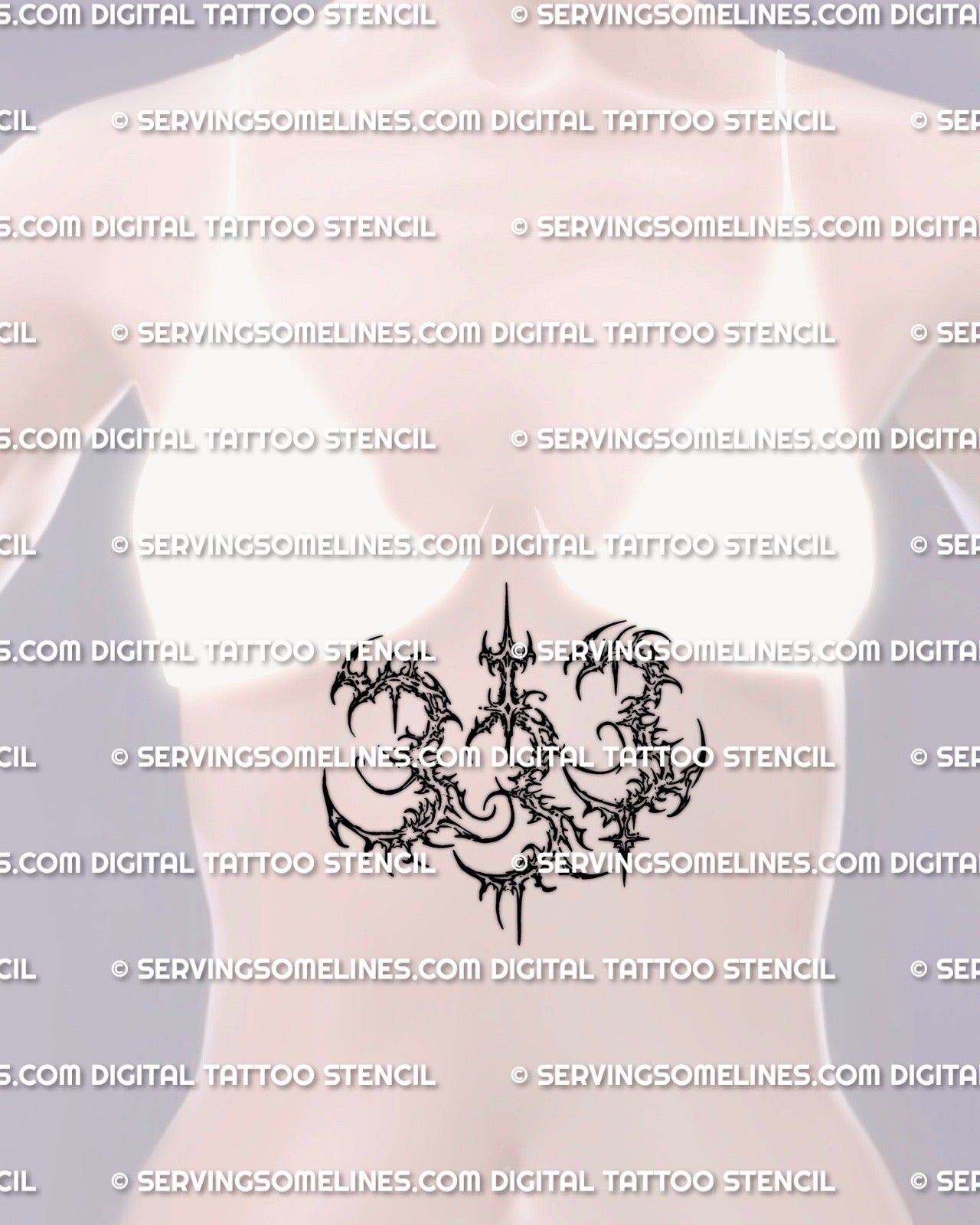 333 angel number tattoo stencil shown on womens stomach placement preview, cybersigilism number design download