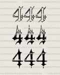 444 tattoo stencil set with outline, gradient shaded, and bold black angel number designs on one printable sheet.