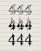 444 tattoo stencil set with outline, gradient shaded, and bold black angel number designs on one printable sheet.