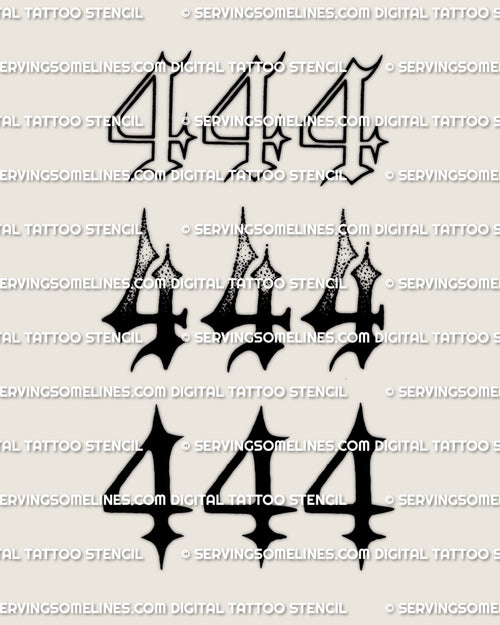 444 tattoo stencil set with outline, gradient shaded, and bold black angel number designs on one printable sheet.