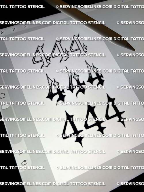 444 tattoo stencil set shown on iPad preview with multiple angel number styles for choosing outline, shaded, or bold design.