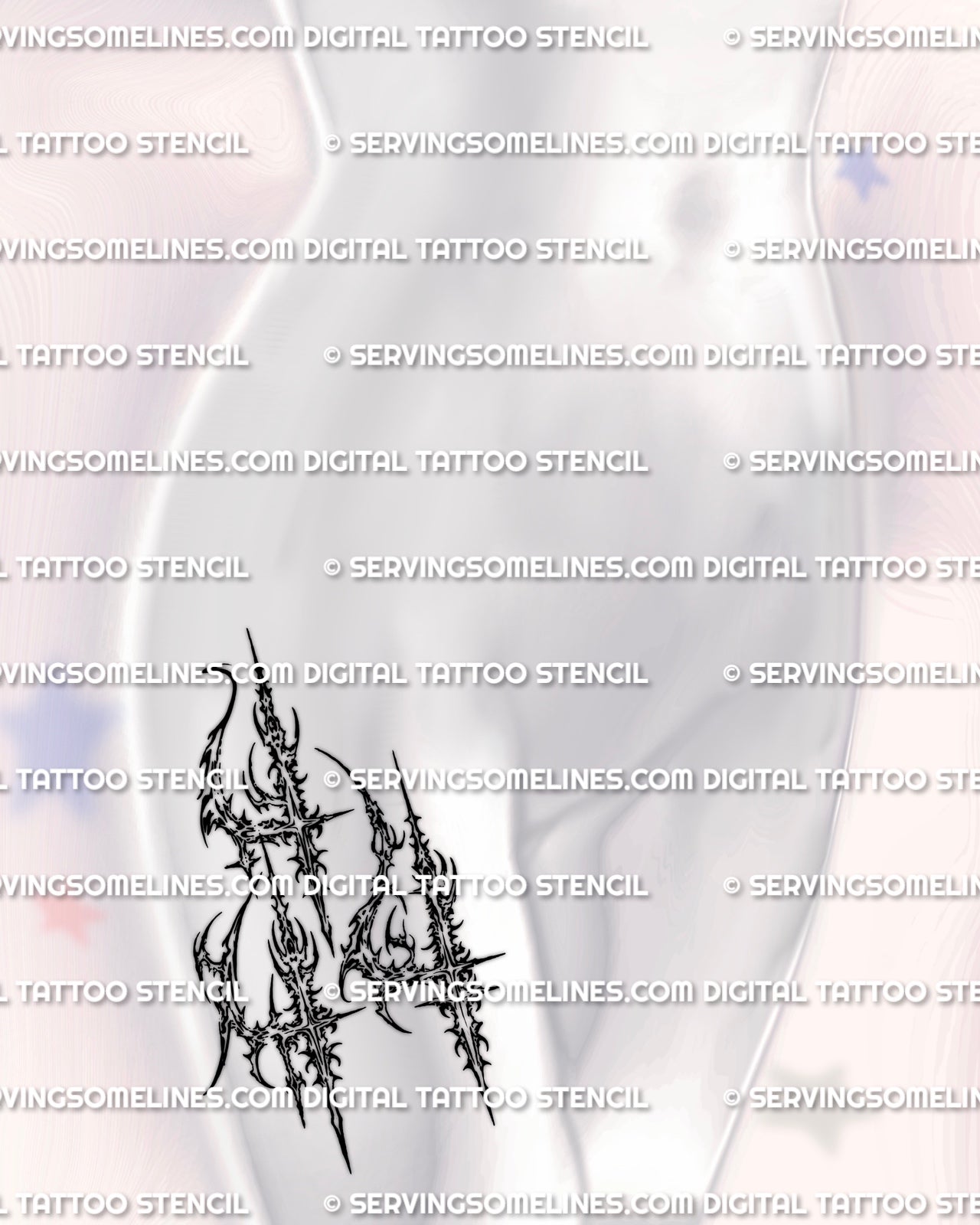 Feminine hip placement preview, 444 angel number tattoo stencil in cybersigilism style, clean printable stencil files.