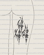 Back of thigh placement preview, 444 number tattoo stencil download, cyber sigil style angel numbers design.