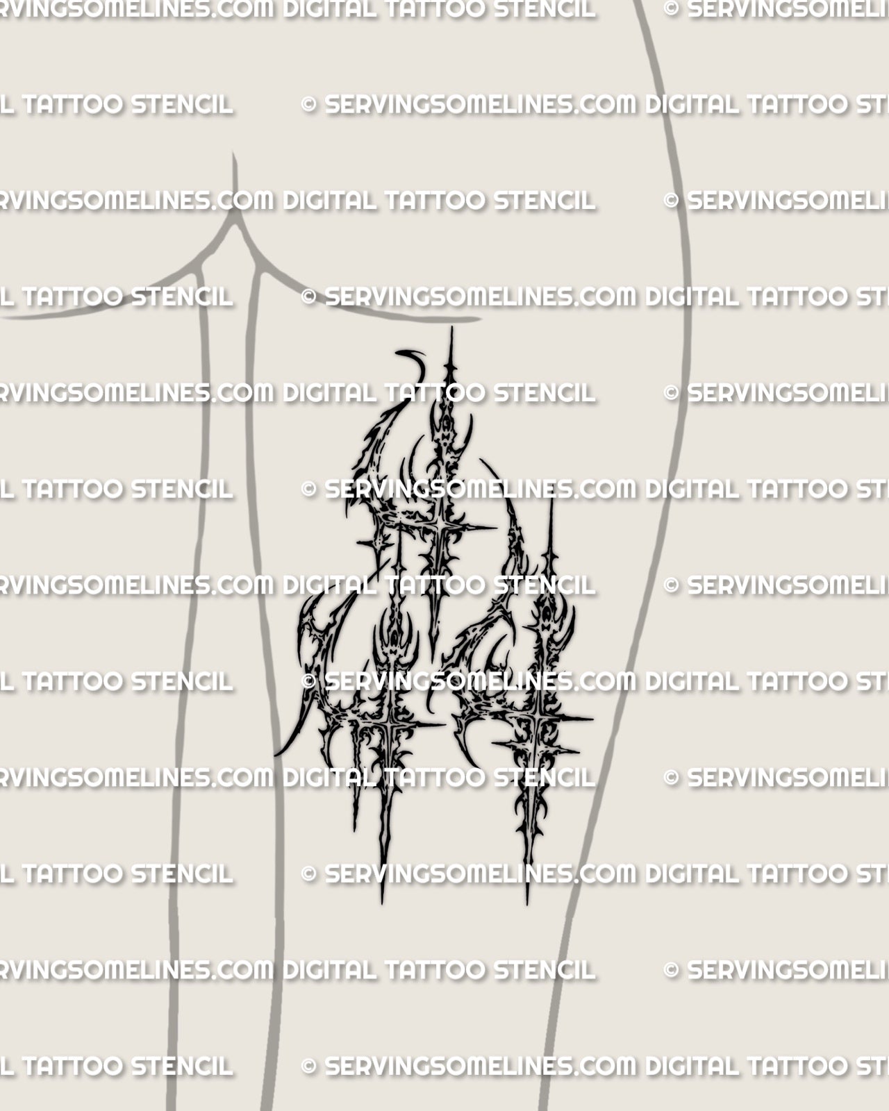 Back of thigh placement preview, 444 number tattoo stencil download, cyber sigil style angel numbers design.