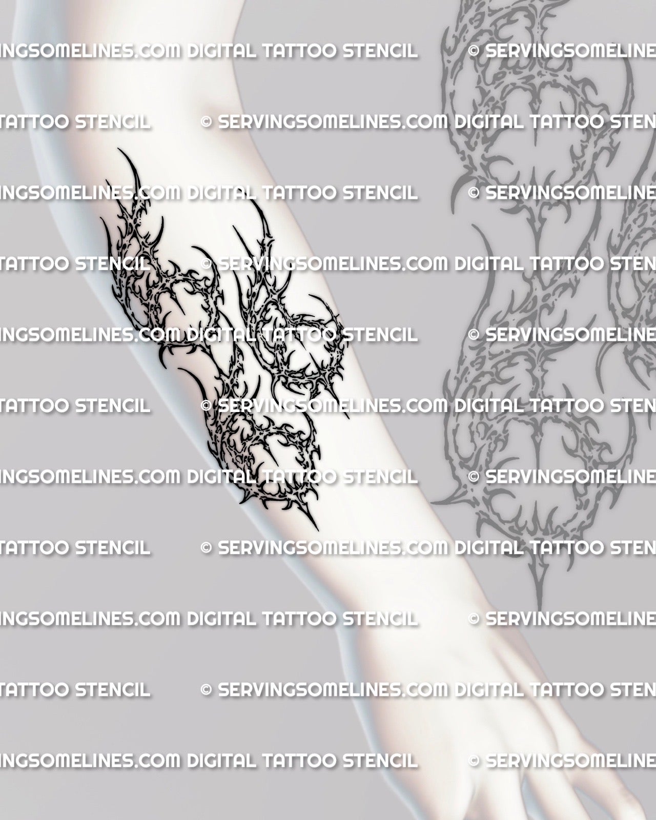666 tattoo stencil in cybersigilism style shown on forearm placement, clean stacked number design, PNG JPG PDF
