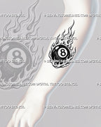 8 ball on fire tattoo shown on the forearm with a black billiard ball, visible number 8, surrounding flames, and tall vertical flow