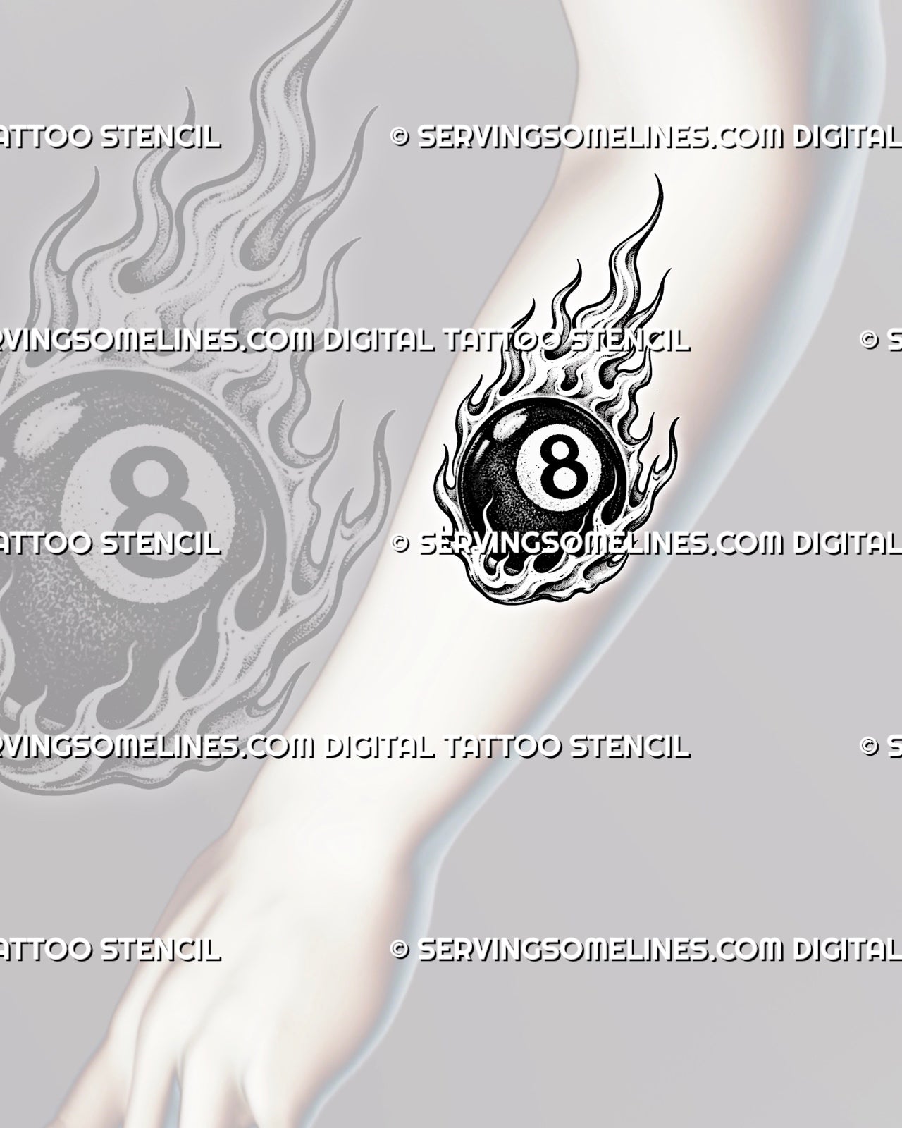 8 ball on fire tattoo shown on the forearm with a black billiard ball, visible number 8, surrounding flames, and tall vertical flow