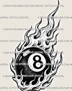 Close-up of an 8 ball with flames tattoo showing the bold numeral, reflective ball surface, stippled texture, layered fire, and pointed flame tips