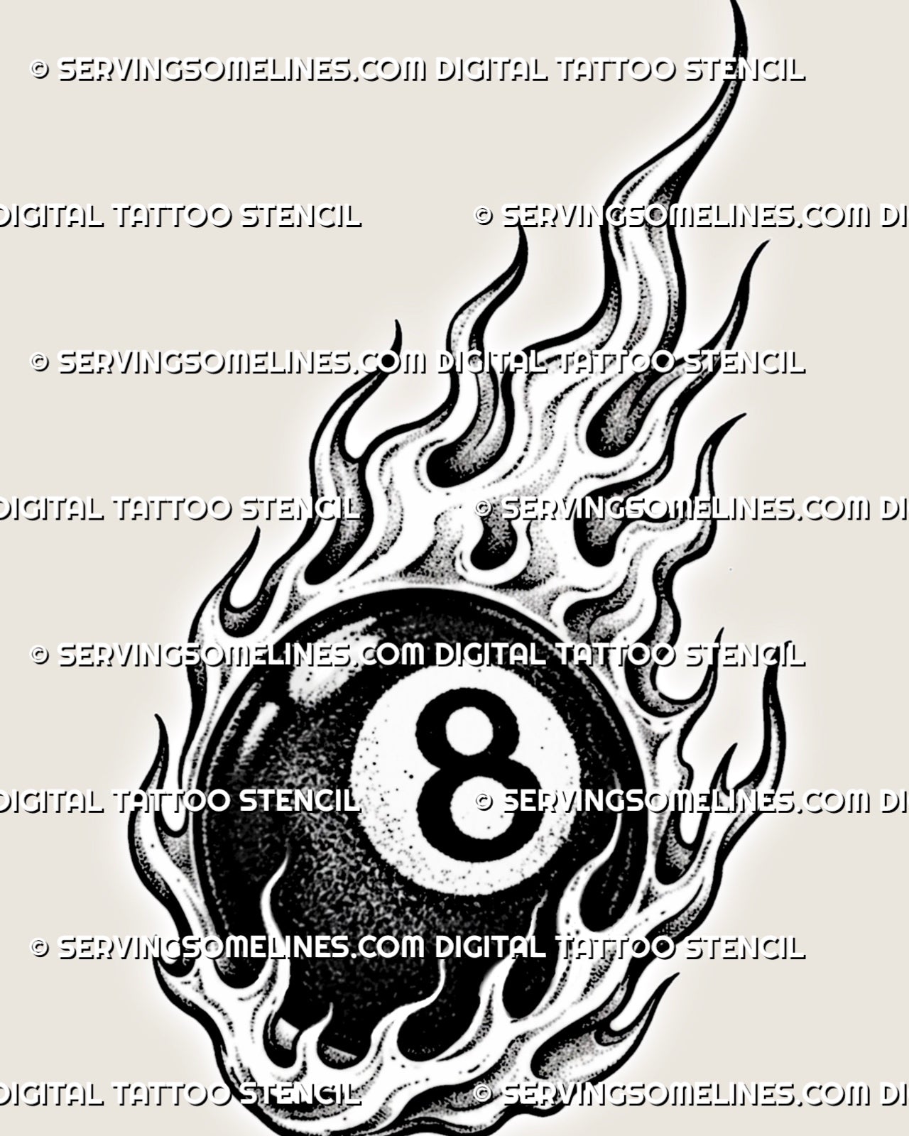 Close-up of an 8 ball with flames tattoo showing the bold numeral, reflective ball surface, stippled texture, layered fire, and pointed flame tips