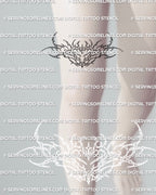 above knee tattoo mockup of small cybersigil heart design with soft ornament lines, modern minimal feminine tattoo placement