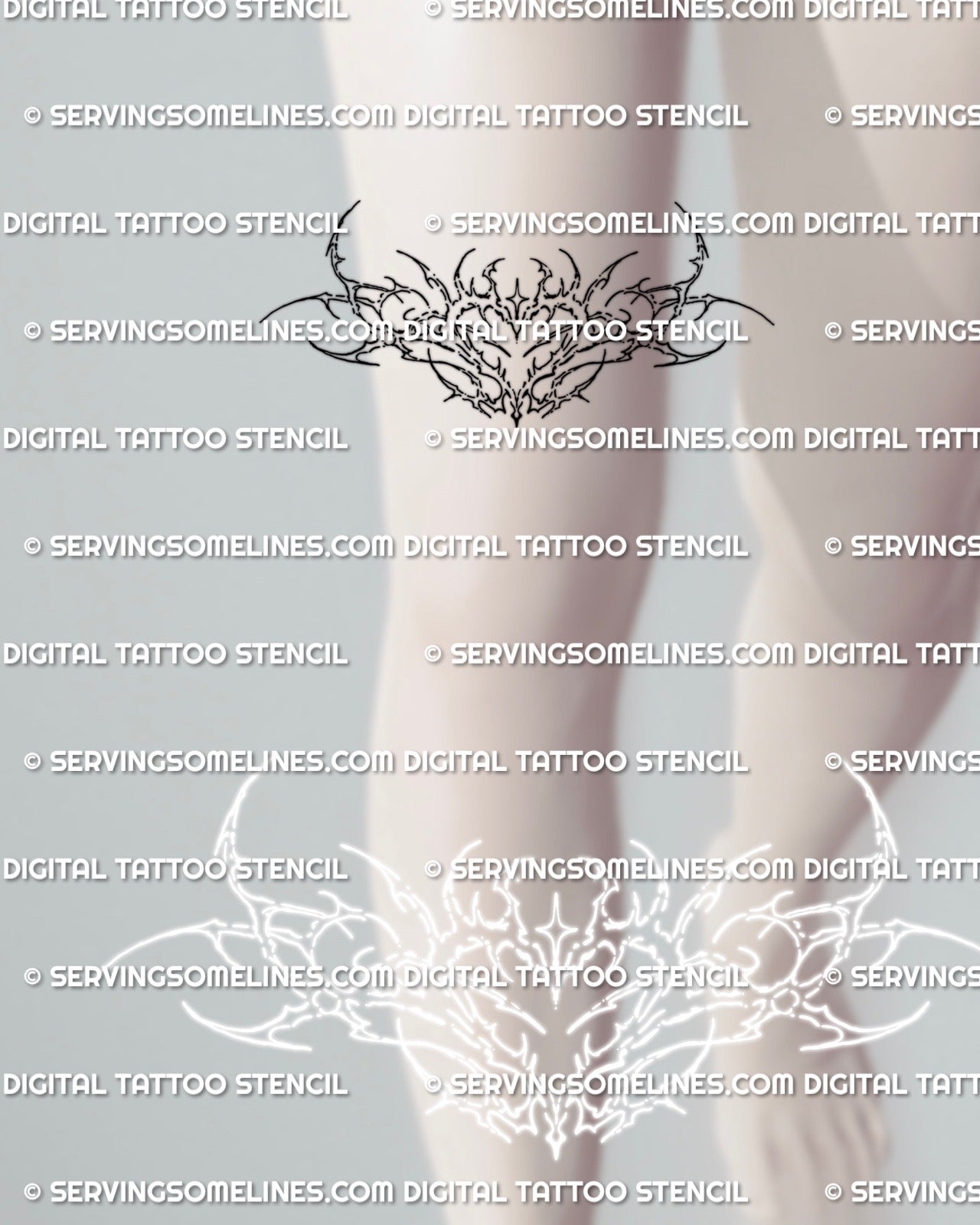 above knee tattoo mockup of small cybersigil heart design with soft ornament lines, modern minimal feminine tattoo placement