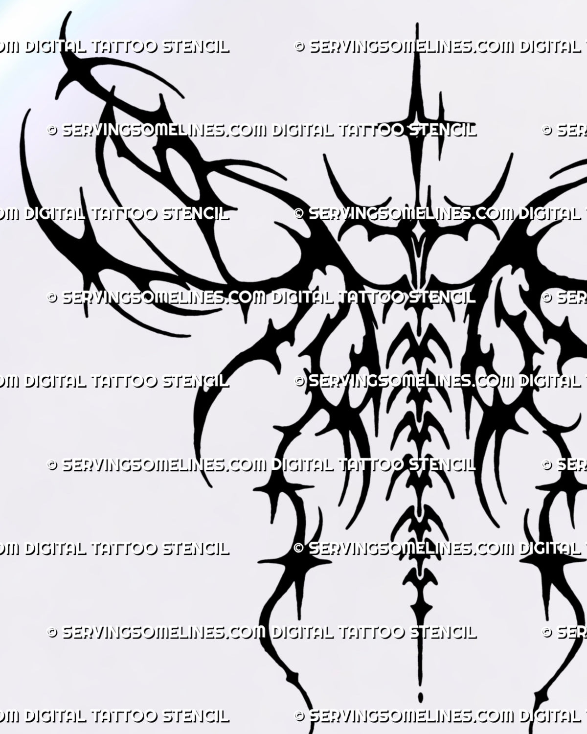 Symmetrical abstract wings tattoo stencil with four-point stars, sweeping blackwork curves, sharp tips and a tapering vertebra-like center.
