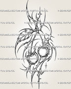 Abstract cherry tattoo stencil with two shaded fruits, fine cyber-sigil ornament, hooked curves, radiant accents, pointed extensions, and tall vertical structure