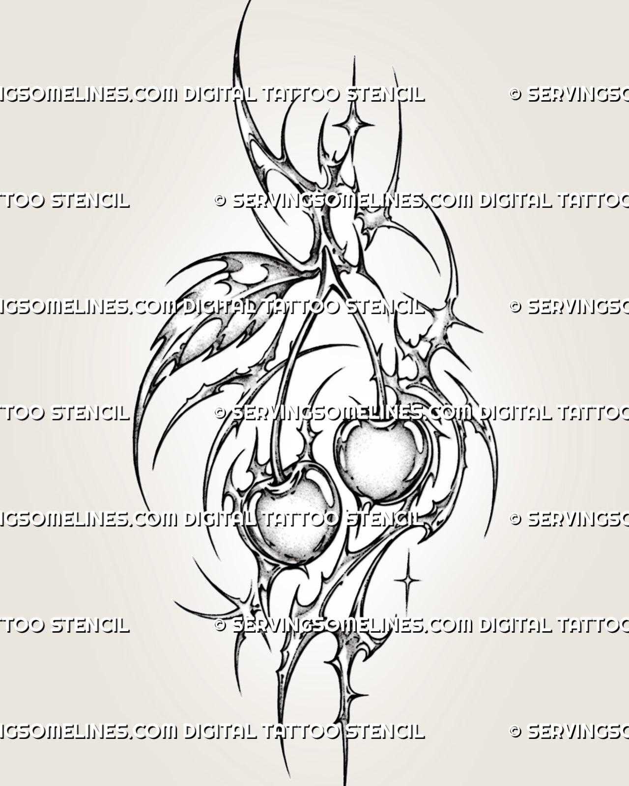Abstract cherry tattoo stencil with two shaded fruits, fine cyber-sigil ornament, hooked curves, radiant accents, pointed extensions, and tall vertical structure