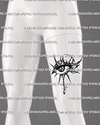 Abstract eye tattoo design shown on men’s thigh, with spiked eye frame, dotted shading, dark pupil detail, and hanging charm.
