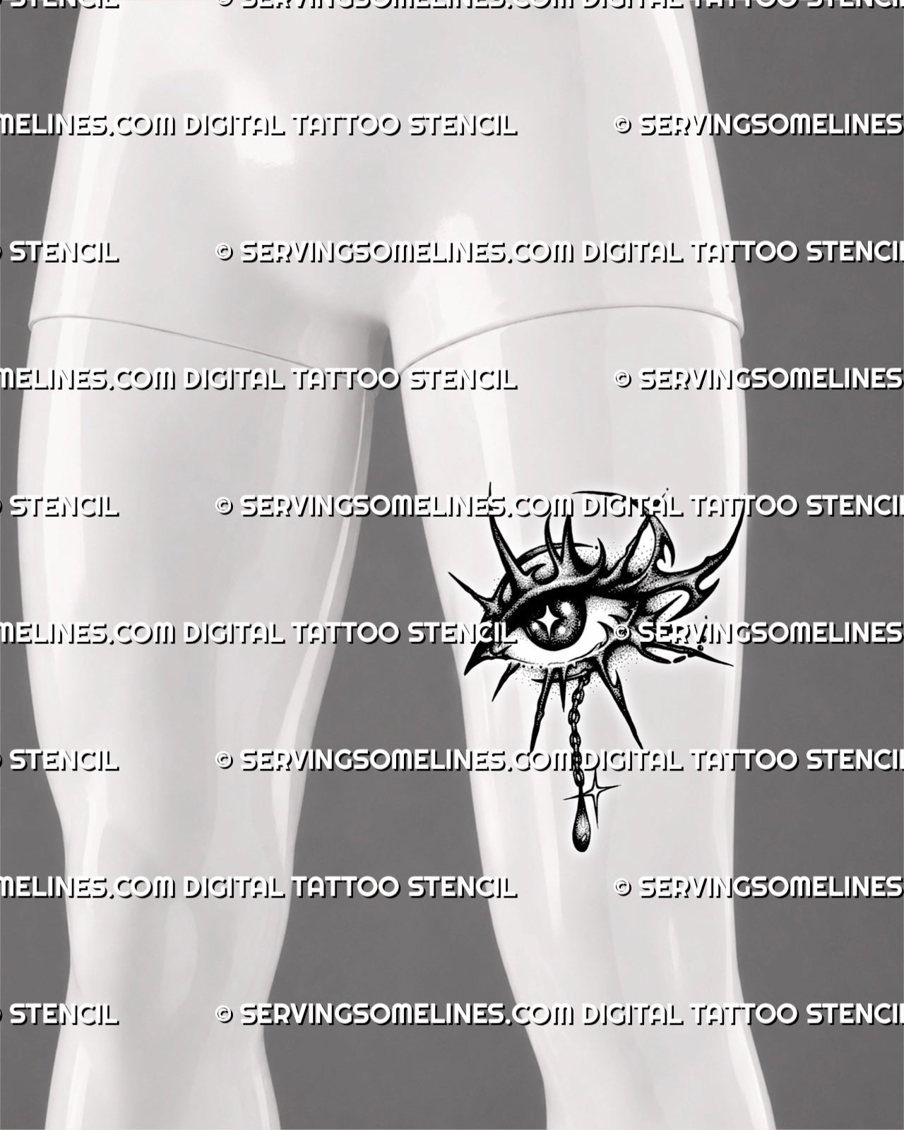 Abstract eye tattoo design shown on men’s thigh, with spiked eye frame, dotted shading, dark pupil detail, and hanging charm.