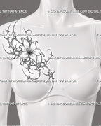 Abstract flower tattoo stencil shown on women’s side chest with cyber sigil floral framing, open bloom, curved blackwork detail, and elegant vertical placement