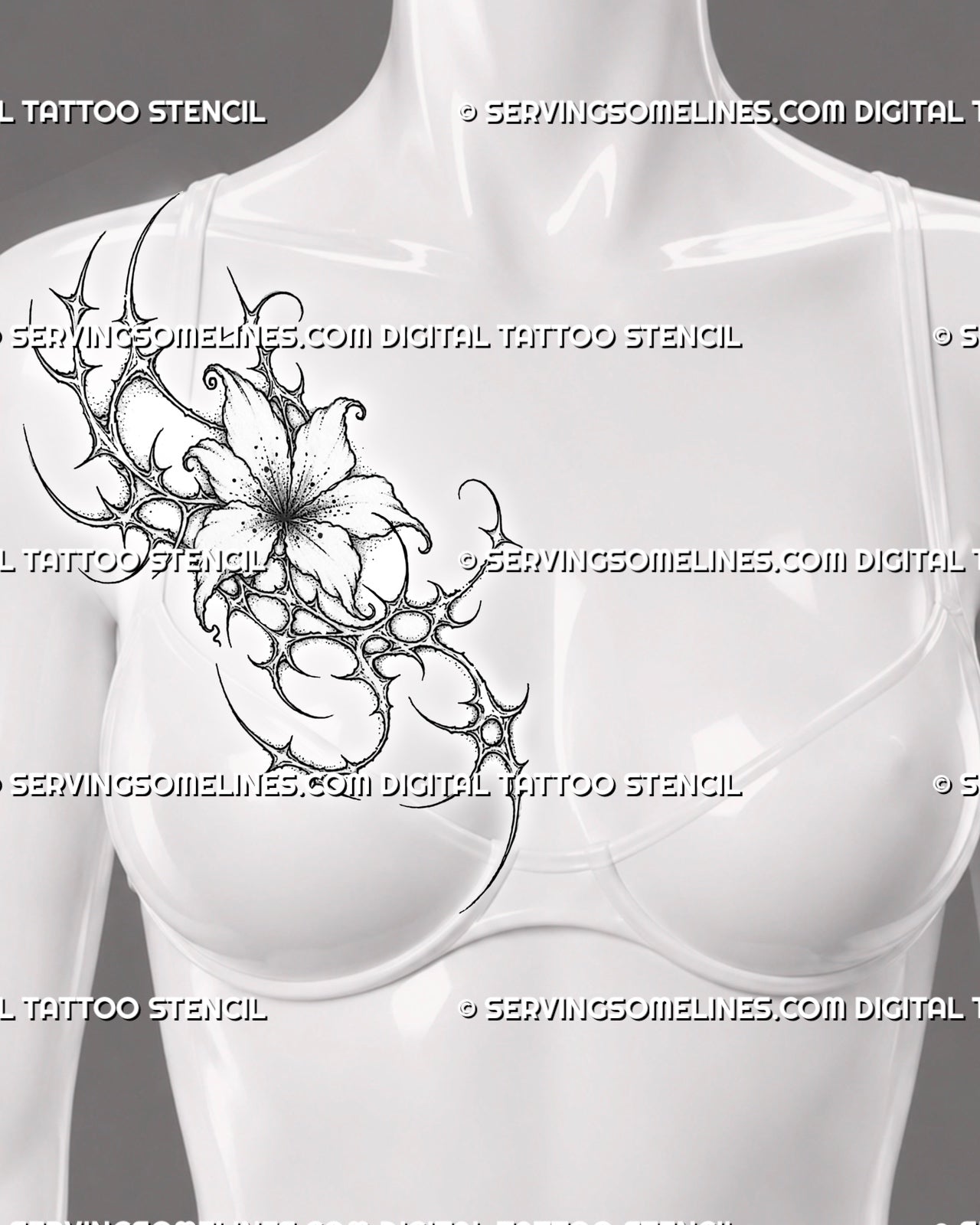 Abstract flower tattoo stencil shown on women’s side chest with cyber sigil floral framing, open bloom, curved blackwork detail, and elegant vertical placement