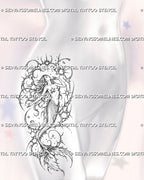 Abstract mermaid tattoo stencil shown on women’s hip with recognizable female figure, curved tail, scale pattern, celestial circles, and thorn-like cyber framing