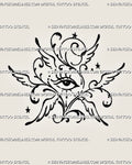 Abstract seraphim eye tattoo stencil with six stylized wings, ornamental scrollwork, celestial stars, dotted accents, and open hand-drawn black linework