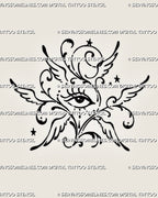 Abstract seraphim eye tattoo stencil with six stylized wings, ornamental scrollwork, celestial stars, dotted accents, and open hand-drawn black linework