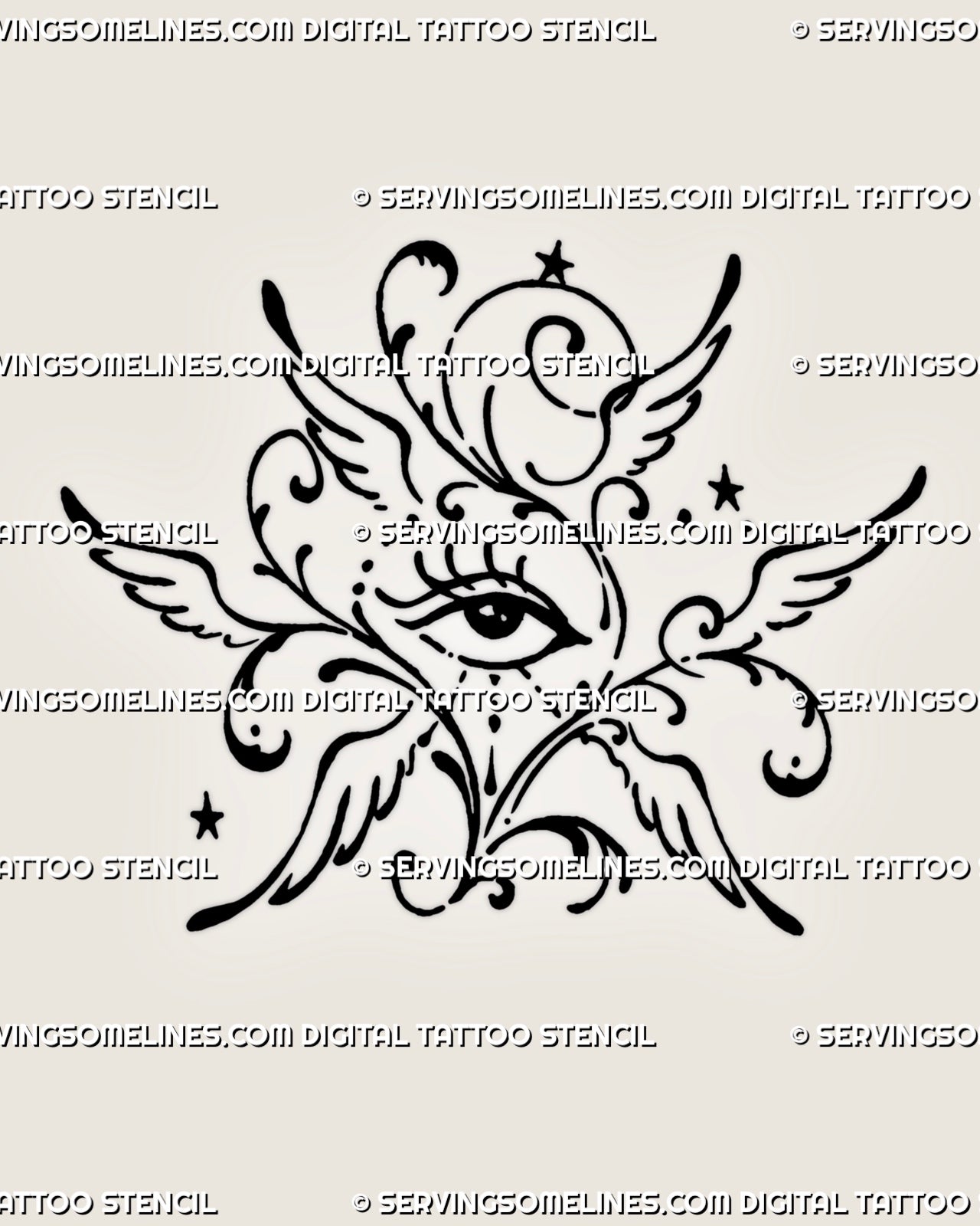 Abstract seraphim eye tattoo stencil with six stylized wings, ornamental scrollwork, celestial stars, dotted accents, and open hand-drawn black linework