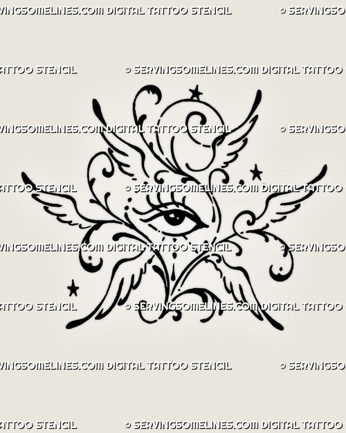 Abstract seraphim eye tattoo stencil with six stylized wings, ornamental scrollwork, celestial stars, dotted accents, and open hand-drawn black linework