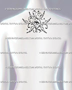 Abstract seraphim eye tattoo shown at a woman’s upper-back center and nape with six wings, ornamental scrolls, stars, and balanced celestial symmetry