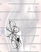 Abstract spider web tattoo shown on a woman’s hip with solid black spider, thorn-like cybersigilism strands, scattered stars, and dark alternative linework