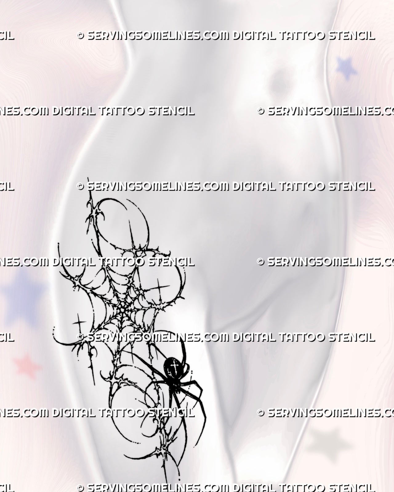Abstract spider web tattoo shown on a woman’s hip with solid black spider, thorn-like cybersigilism strands, scattered stars, and dark alternative linework