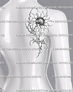 Abstract sunflower tattoo shown on the back shoulder with irregular petals, thorned botanical lines, dark stippling, hooked leaves, and cybersigilism-inspired details