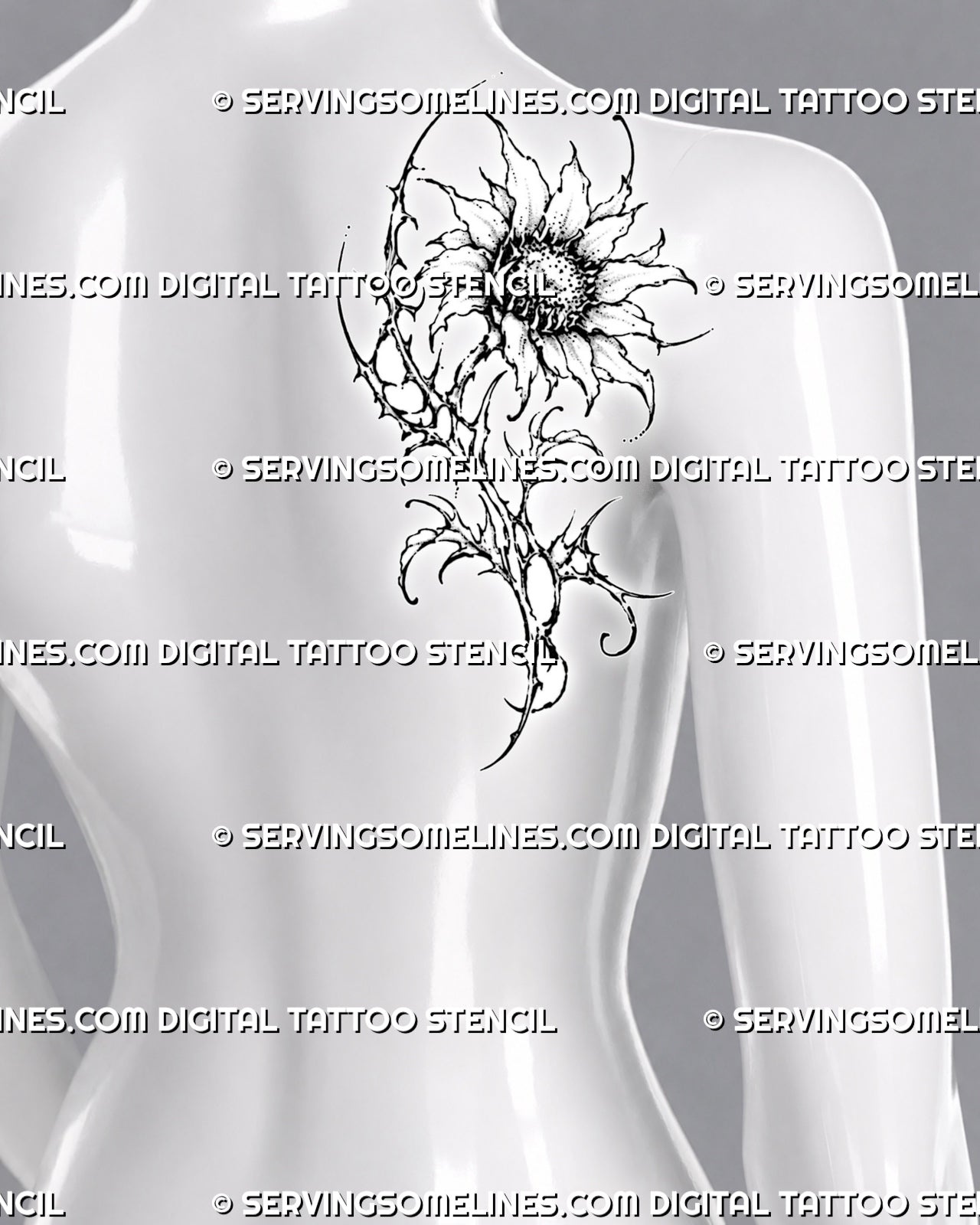 Abstract sunflower tattoo shown on the back shoulder with irregular petals, thorned botanical lines, dark stippling, hooked leaves, and cybersigilism-inspired details