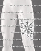 Abstract web tattoo stencil shown on men’s thigh with cyber sigil spider web design, spiked details, star-like accents, and bold placement shape