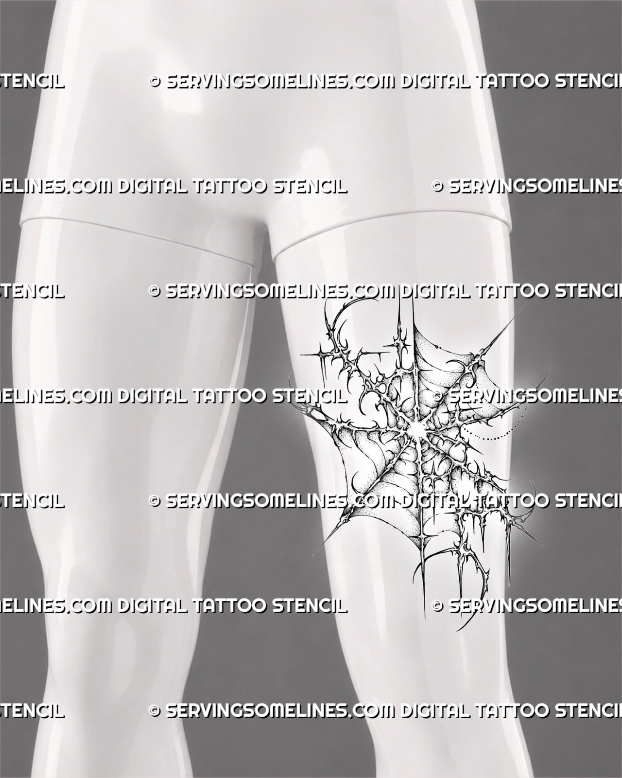 Abstract web tattoo stencil shown on men’s thigh with cyber sigil spider web design, spiked details, star-like accents, and bold placement shape