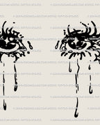 Close-up of aesthetic crying eyes line art, showing detailed lashes, tear trails, and cosmic dots; crisp two-eye composition for emo and goth styles.