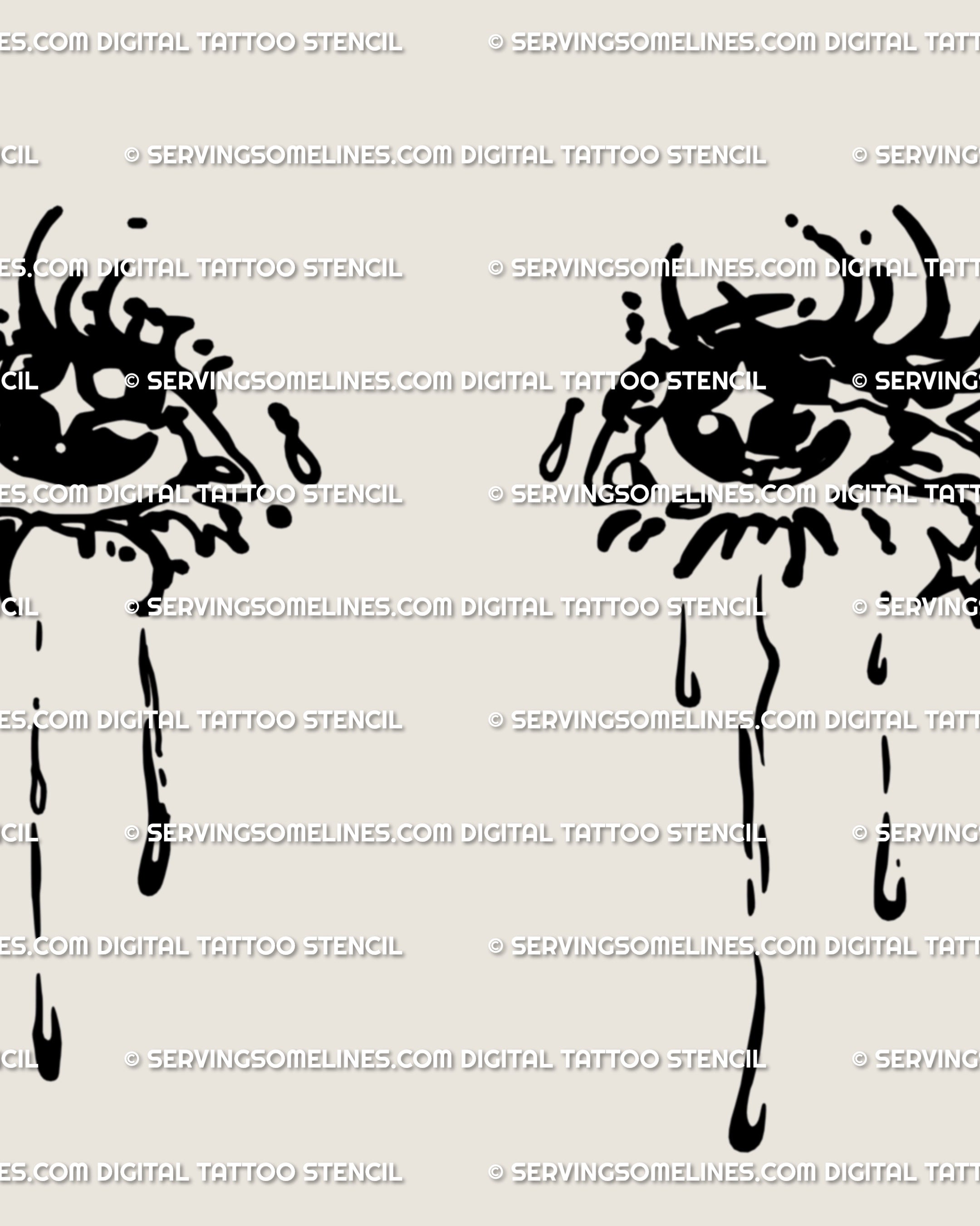 Close-up of aesthetic crying eyes line art, showing detailed lashes, tear trails, and cosmic dots; crisp two-eye composition for emo and goth styles.
