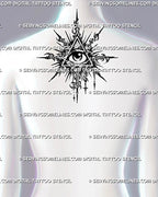 All seeing eye tattoo stencil shown on upper back, with triangle frame, radiating sigil rays, dotted shading, and hanging lower detail.