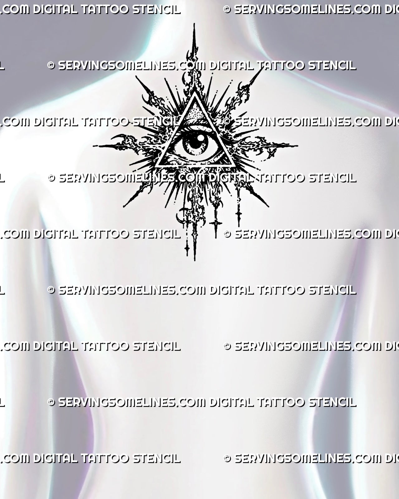 All seeing eye tattoo stencil shown on upper back, with triangle frame, radiating sigil rays, dotted shading, and hanging lower detail.