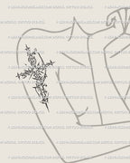 Alt goth cyber cross design wrapping the upper arm, bold neotribal tattoo stencil with thorny symmetry and cyber fantasy influence.