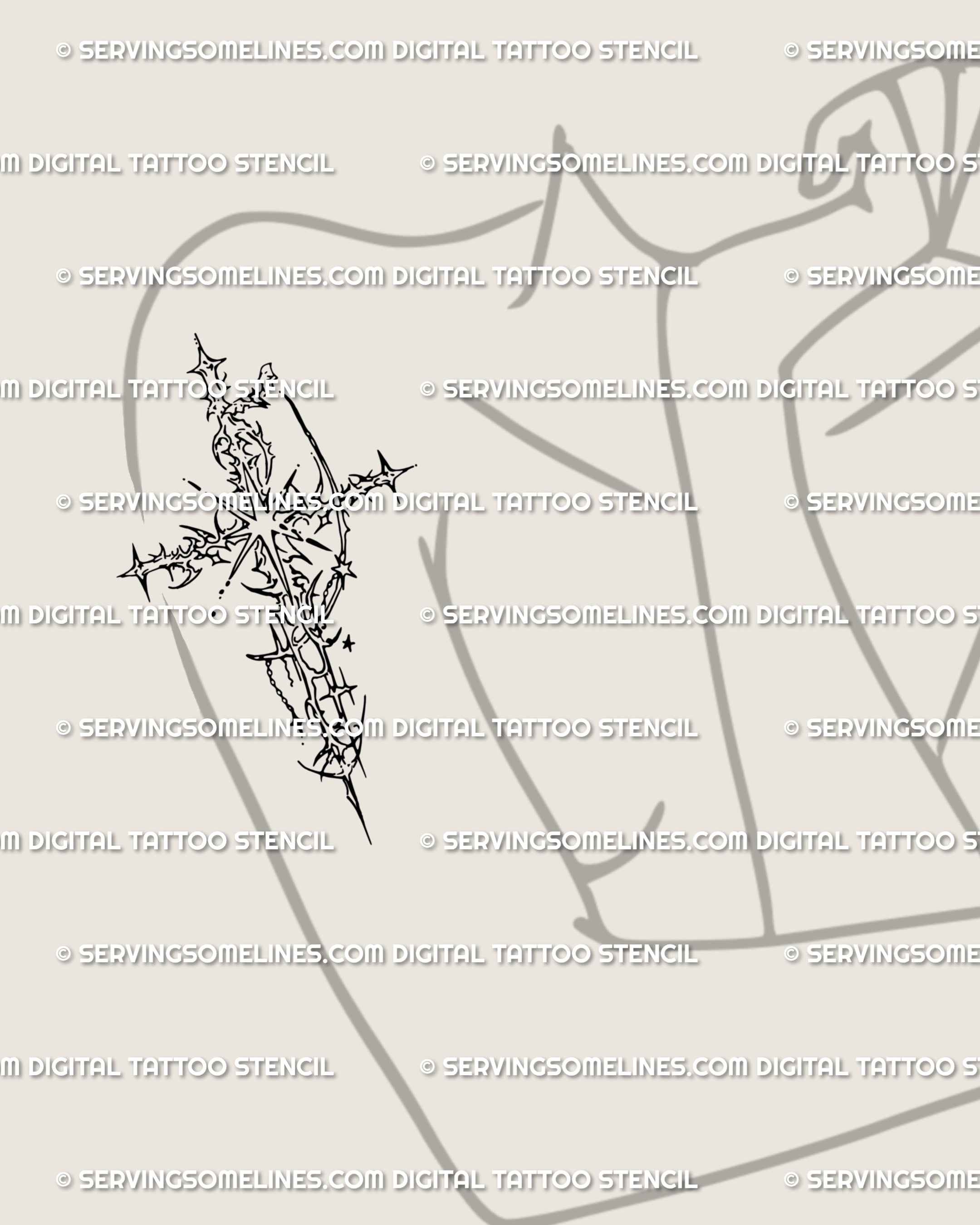 Alt goth cyber cross design wrapping the upper arm, bold neotribal tattoo stencil with thorny symmetry and cyber fantasy influence.